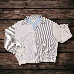 Coastal Striped Zip Jacket Blue White Embroidered Lightweight Cotton L Cottage